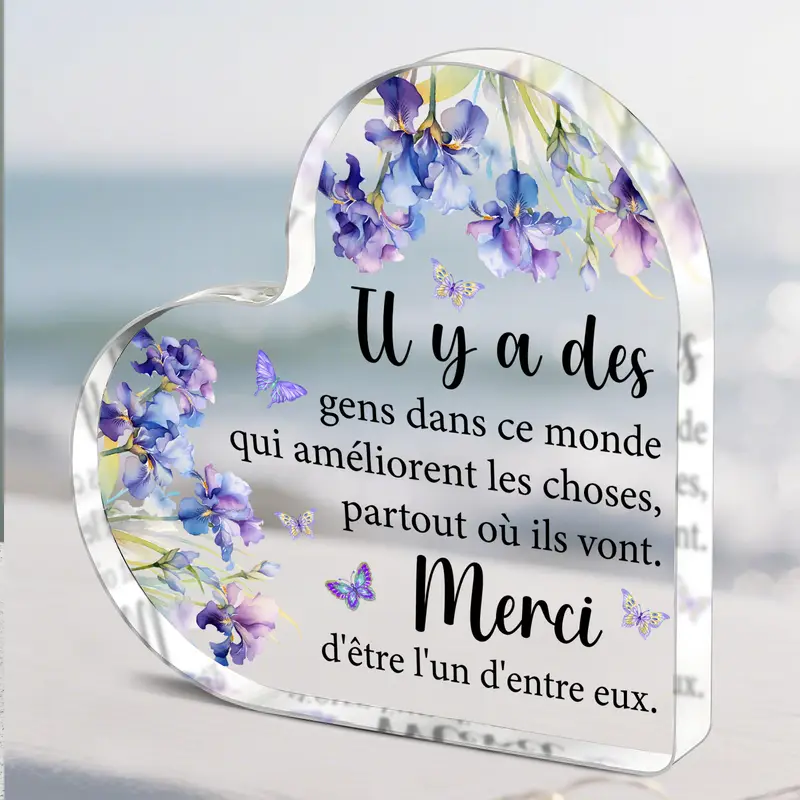 2D Flat, 1pc Heart-Shaped Acrylic Decorative Ornament with Floral Design & Inspirational French Quote - Purple Flowers