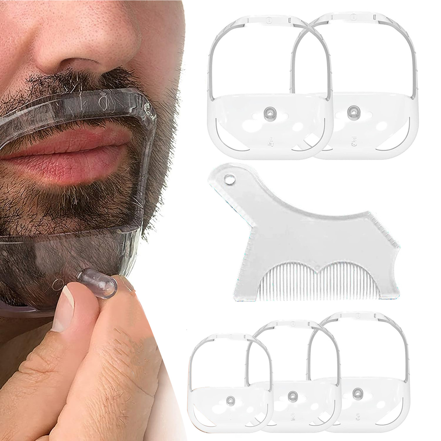 6pcs Beard Shaping Kit - 5 Size Beard Templates & 1 Multifunctional Styling Comb for Perfect Grooming (Blue & Transparent)