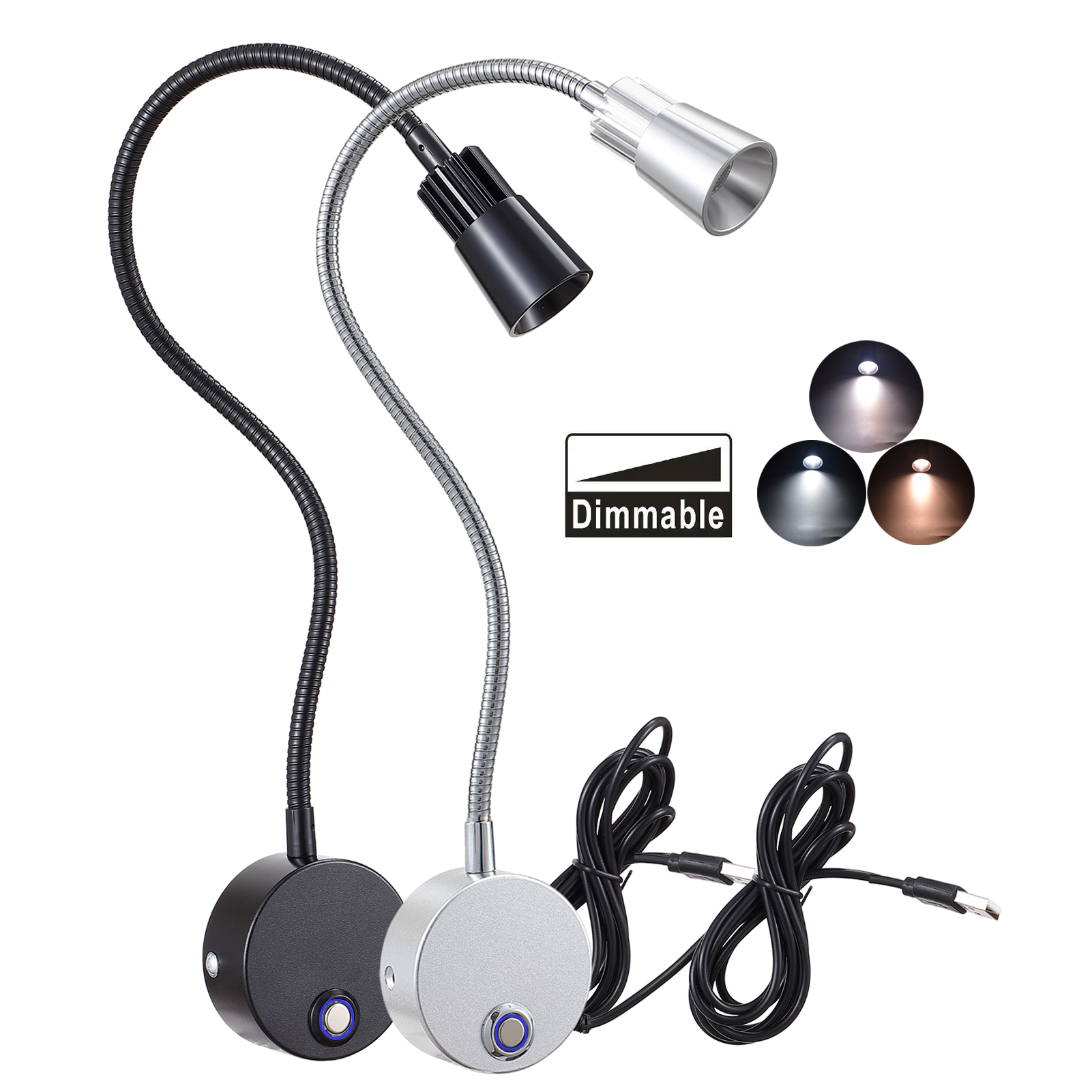 5V USB 3CCT Dimmable Wall Lamp CRI98 RG0 Bedside Reading Lamp Working Spot Light 15" Gooessneck Adjustable