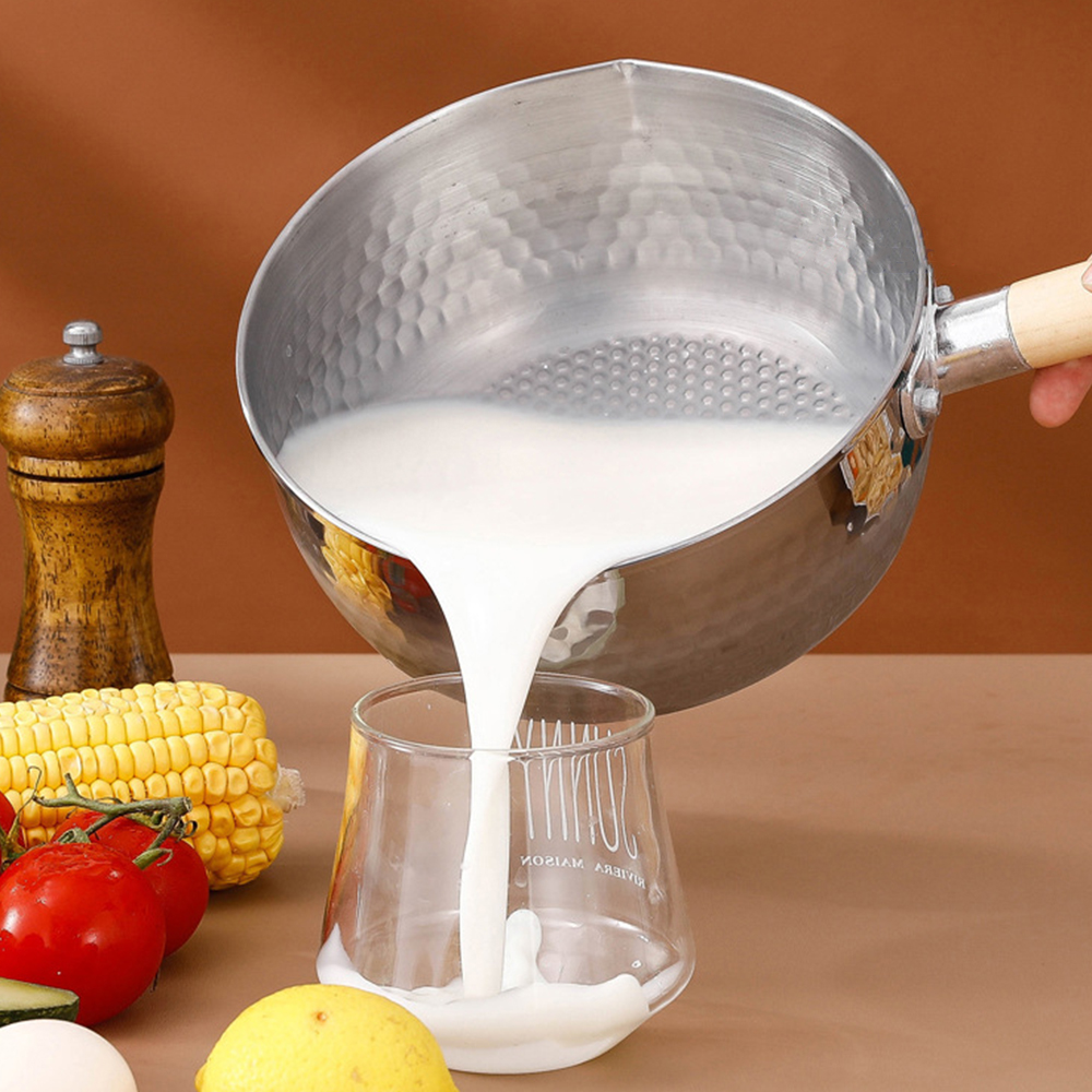 430 Stainless Steel Soup Pot Japanese-style Snow Pot Flat Bottom Non-stick Wok Wooden Handle Stew Pot Milk Pot Kitchen Cookware