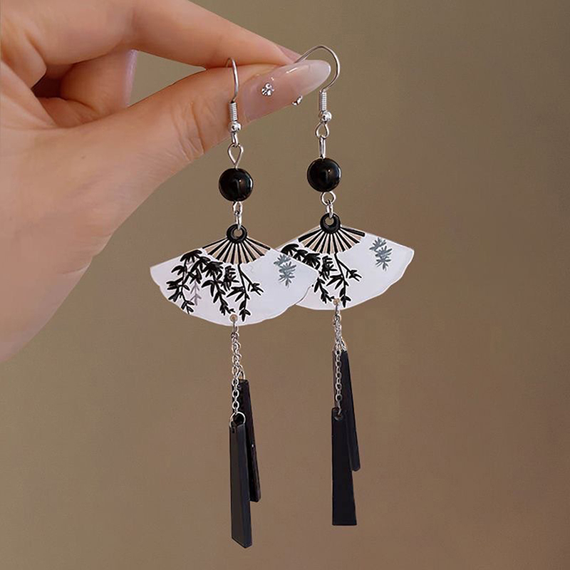 On-Trend Long Tassel Earrings with Chinese Ink Butterfly Fan Pendant; Ideal Women's National Jewelry Gift Item.