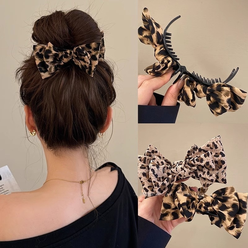 1PC Leopard Bow Marble Head Grab Clip Advanced Sense Net Red New Temperament Fashion Plate Fixed High Ponytail Hair Clip