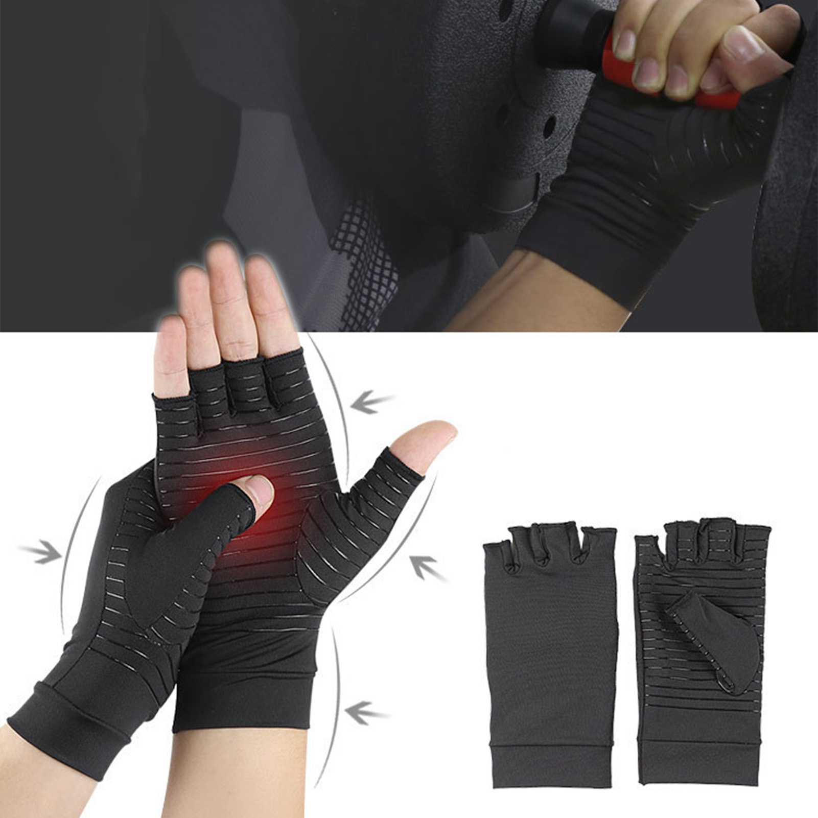 Unisex Copper Fiber Compression Gloves Anti-Skid Breathable Half-Finger Training Gloves Promotes Hands Blood Circulation 1pair