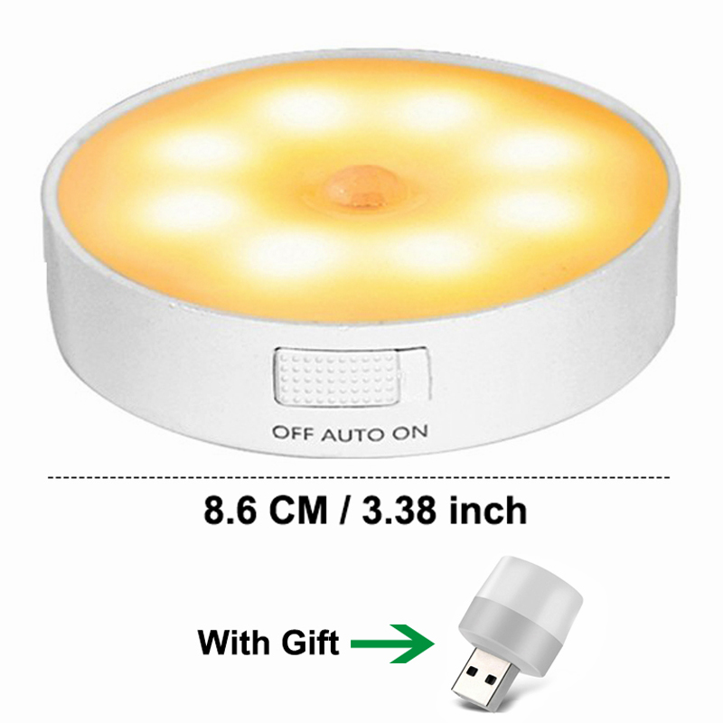 Motion Sensor Light LED USB NightLights Round Chargeable Lamp For Bedroom Kitchen Stair Hallway Wardrobe Lighting Cupboard Lamp