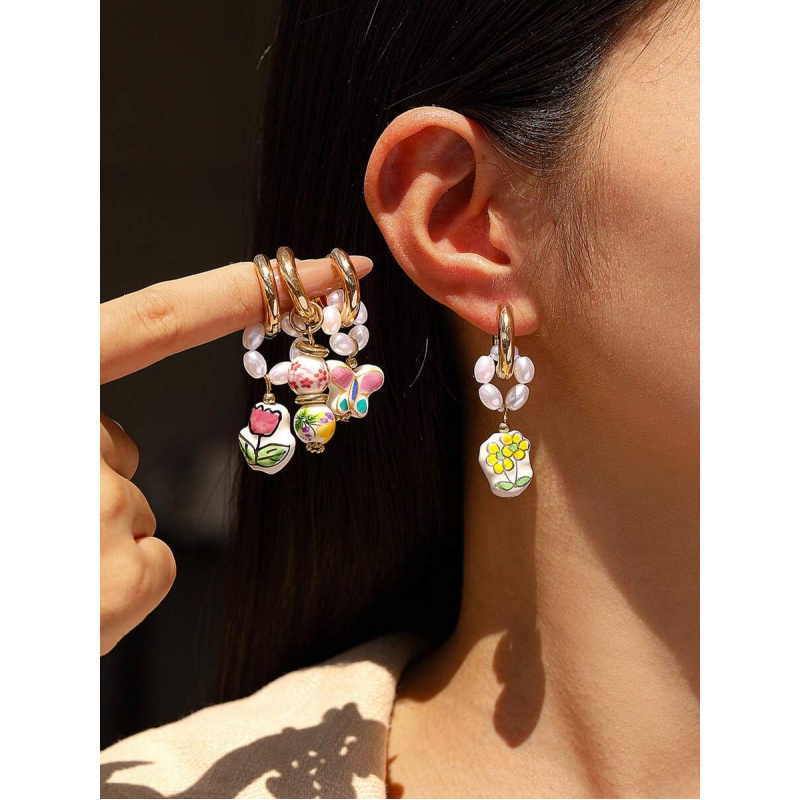 1 Pair Fashionable Luxury Ceramic & Glass Bead Printed Earrings For Women, Funky Jewelry