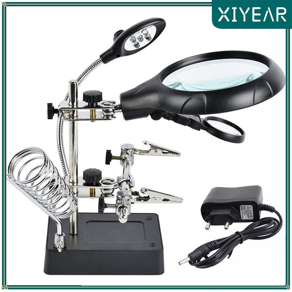 10X Third Hand Welding Magnifying Glass 5 LED Auxiliary Clip Magnifier Desk Lamp 3 In1 Hand Solder Iron Stand Holder Station
