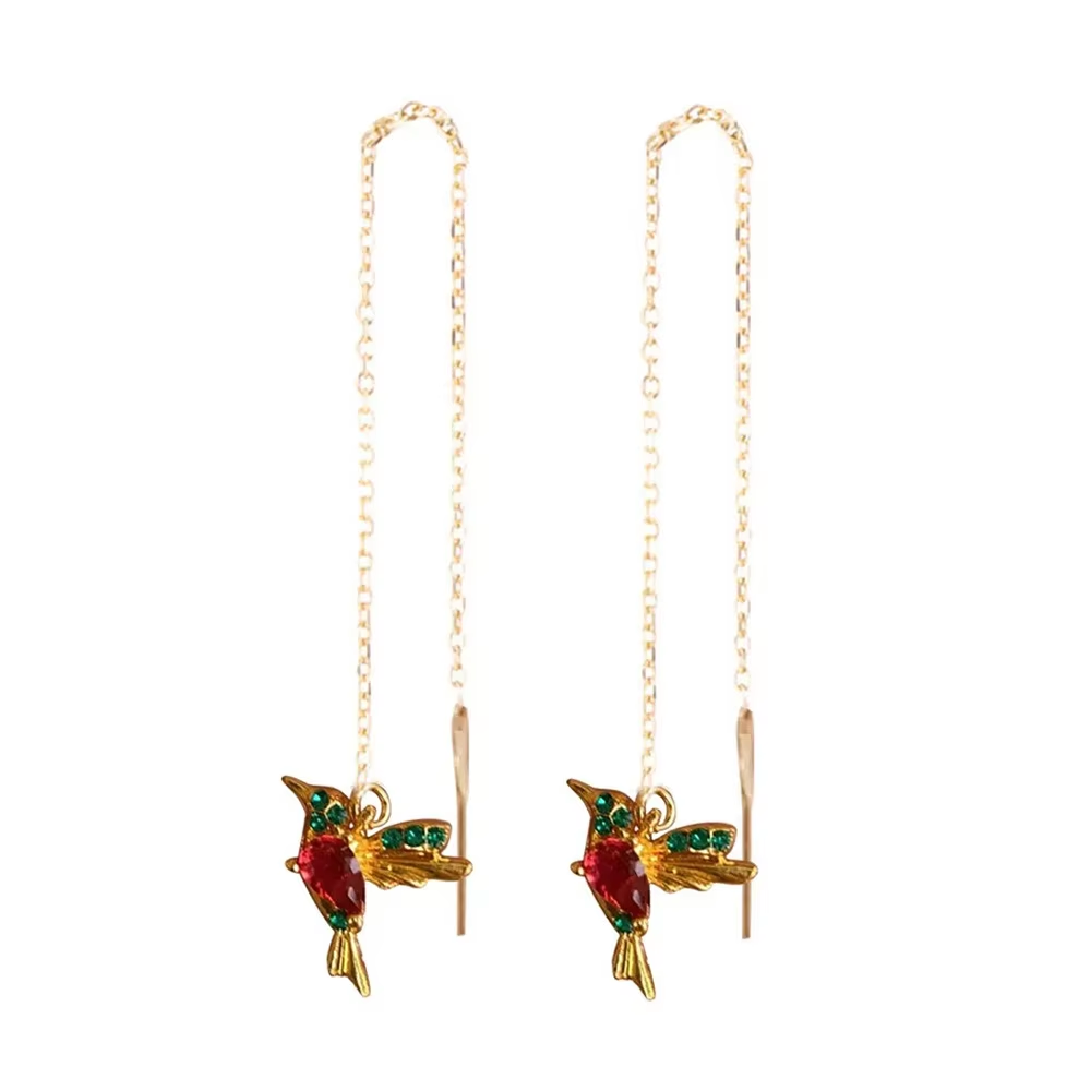 Vintage Animal Bird Threader Earrings Red Green Crystal Hummingbird Drop Earrings for Party Daily Wear