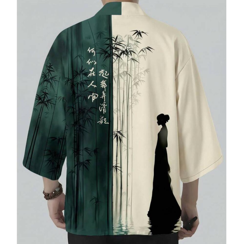 2026 New Retro Green White Bamboo Silhouette Print Japanese Kimono Cardigan Men Women Traditional Haori Jacket Casual Streetwear