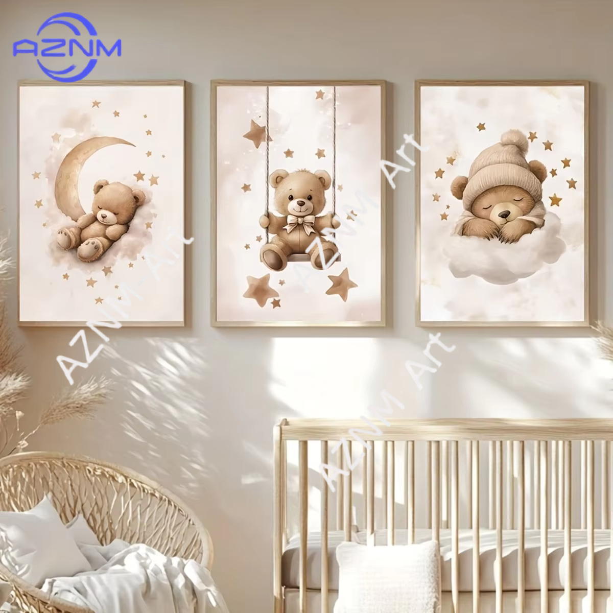 1Pc/3Pcs Cute Brown Bear Moon Canvas Print Poster Cartoon Animal Abstract Art Prints Living Room Nursery Wall Art Home Decor