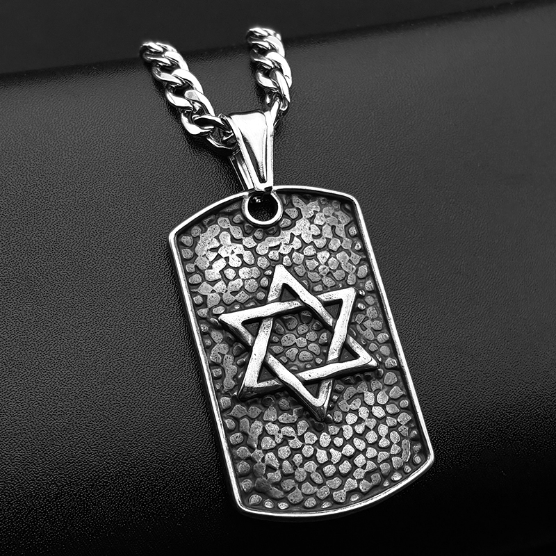 Hebrew Star of David Dog Tag Pendant Necklace for Women Men Stainless Steel Gold Silver Color Jewish Hip Hop Chain Jewelry