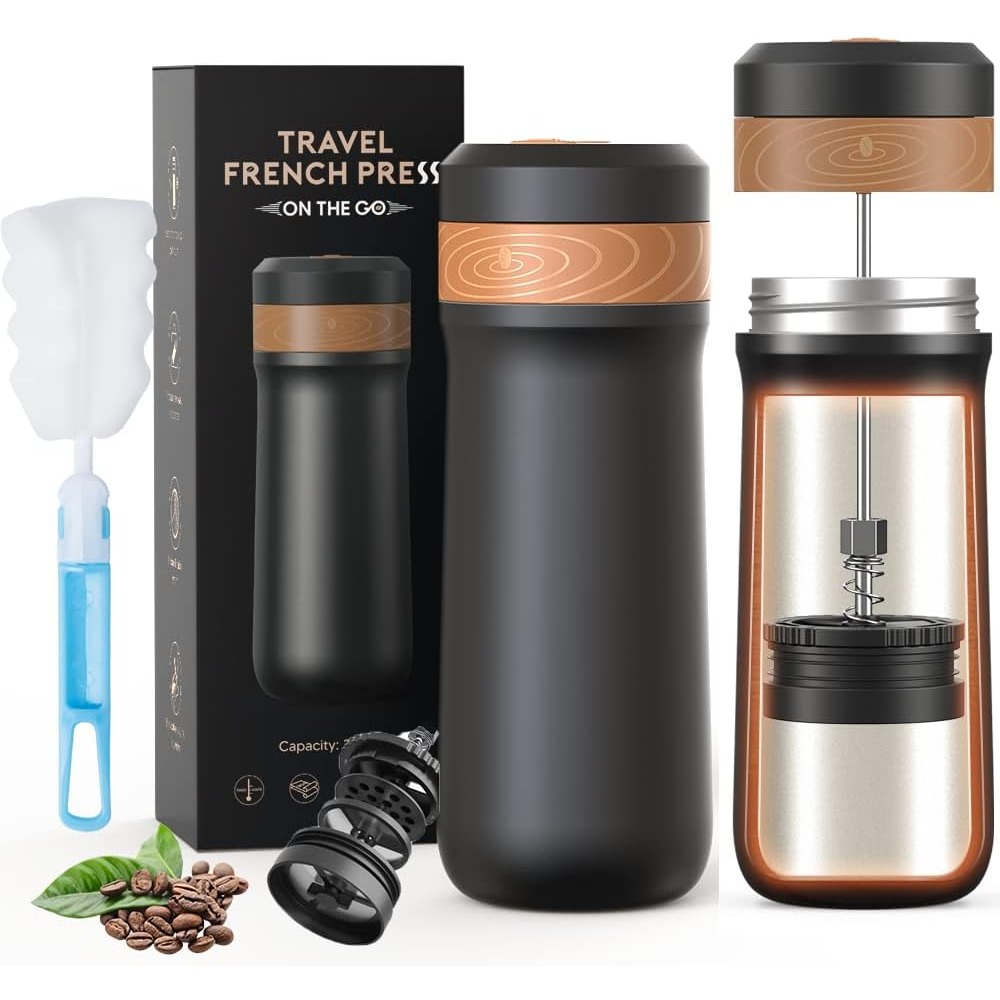 2 In 1 12 oz Portable French Press Coffee Maker for Travel Camping Stainless Steel Vacuum Insulated Coffee Mug Tea Cup