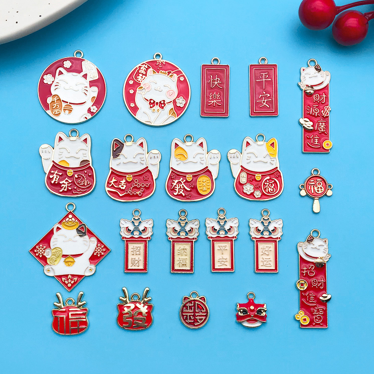 2/20pcs Enamel Cartoon Cat Dragon Charm Chinese Style New Year Wishing Words Pendant For DIY Jewelry Making Spring Festival
