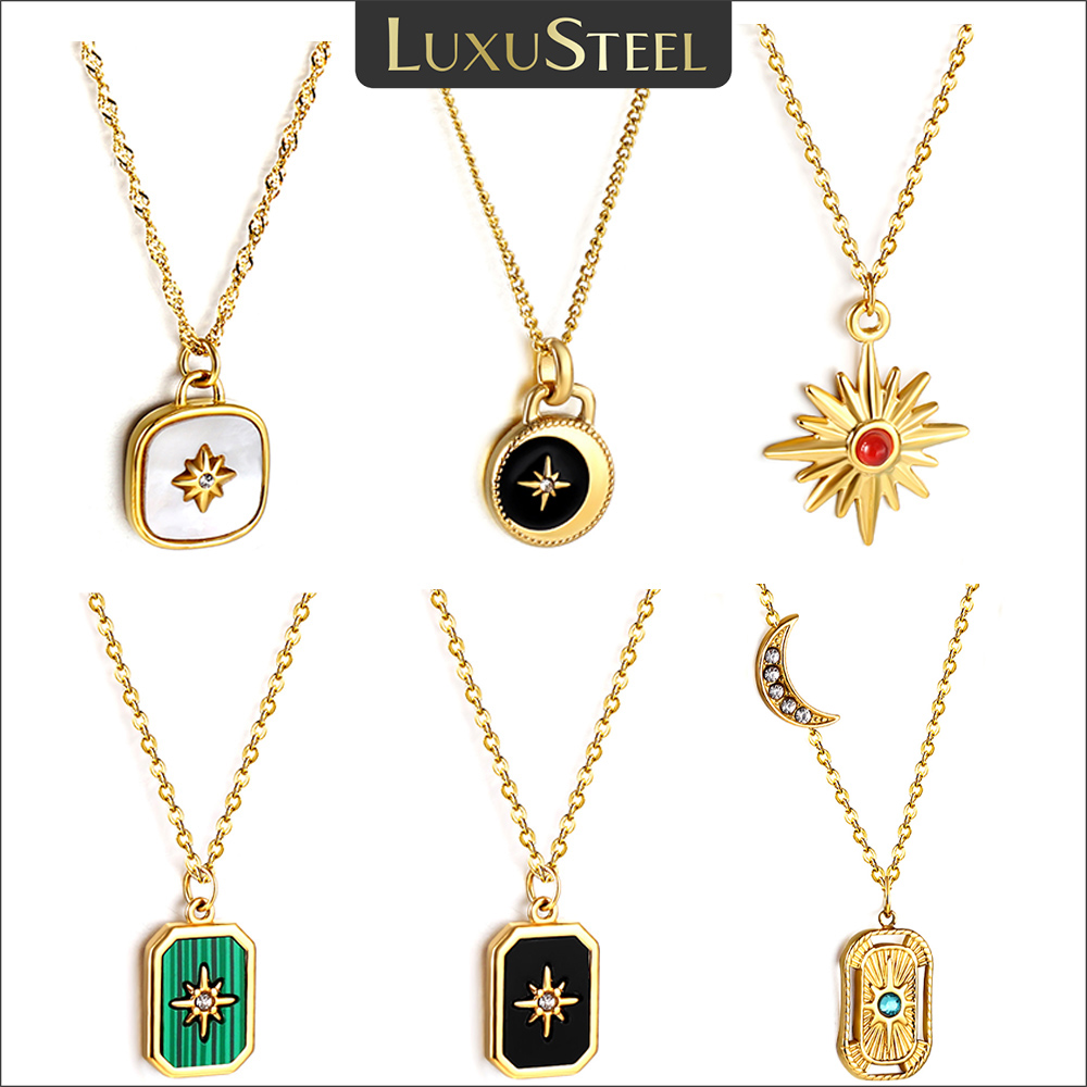 LUXUSTEEL Vintage Star Zircon Shell Drip Oil Pendant Necklace For Women Gold Plated Stainless Steel Geometric Clavicle Chain