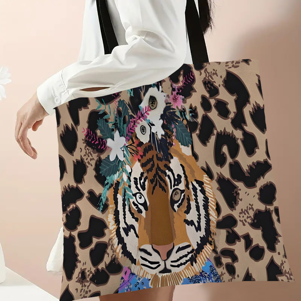 1pc Fashionable Tiger Leopard Print Handbag Large Capacity Flower Print Casual Commuter Women'S Shoulder Bag Shopping Bag