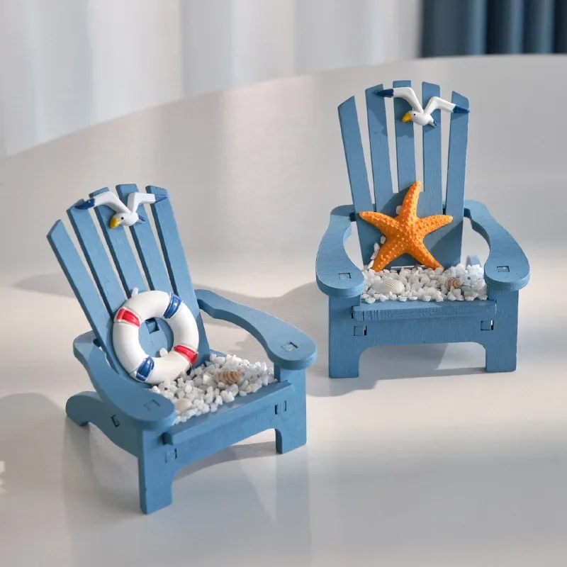 Mediterranean Blue Mini Wood Beach Chair Figurines for Garden Dollhouse Desktop Beach Decor Desk Decoration Room Decor
