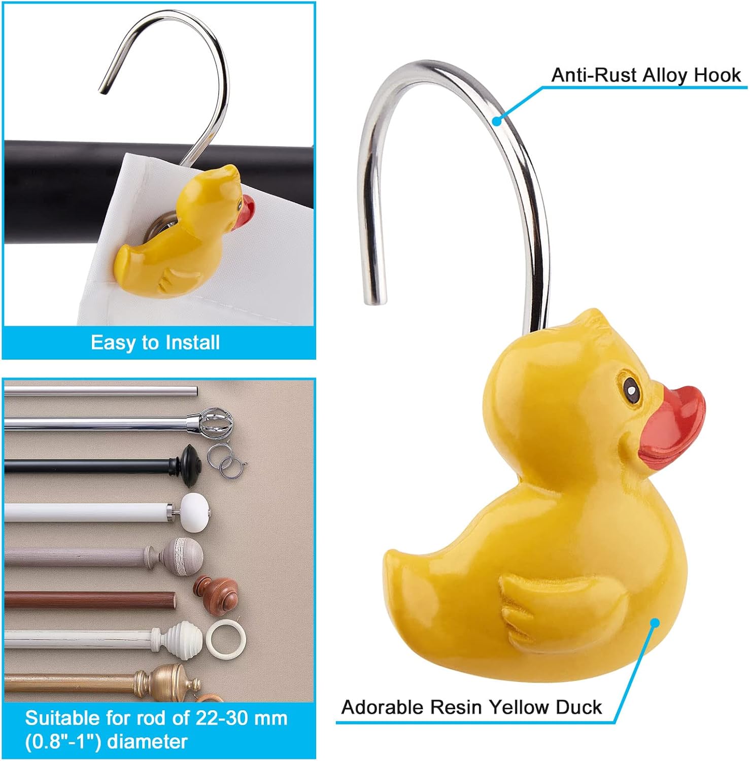 2Pcs Home Fashions Yellow Duck Anti Rust Decorative Ducky Resin Hooks for Bathroom Shower Curtain,Bedroom,Living Room Curtain