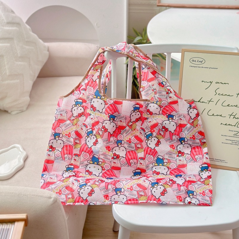 2026 New Cute Kt Kuromi Anime Shopping Bag Portable Folding Large Capacity Eco-Friendly Supermarket Shopping Bag Totebags