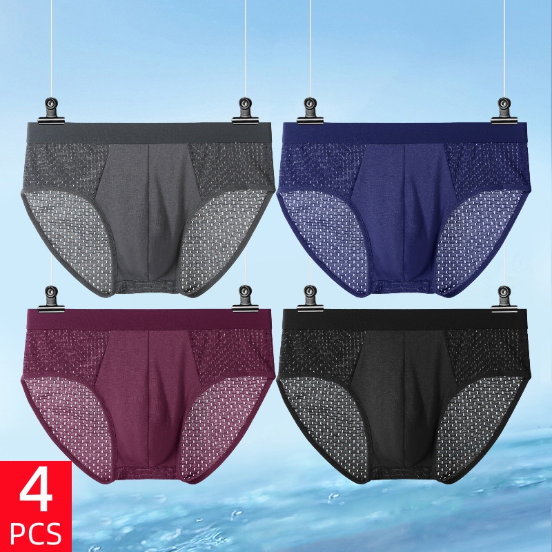 4 Pcs/Lot Men's Summer Solid-Colored Mesh Briefs Underwear Large Size Male Breathable Comfortable Underpants