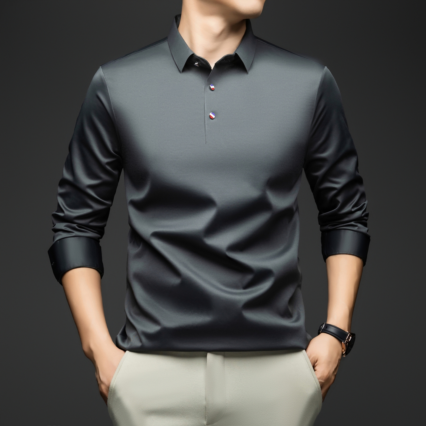 BROWON 2026 Spring Autumn Casual Work Tops Man Tshirt Long Sleeve Solid Color Soft Elegant Business Mulberry Silk T Shirt Man