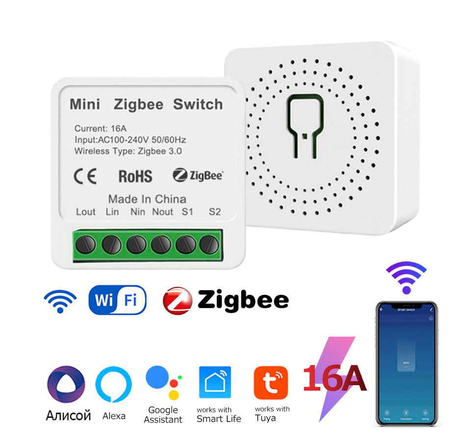 Mini ZigBee WiFi Smart Switch 100-240V 16A 2-Way Control Relay Breaker Tuya/Smart Life App Works with Alexa Assistant
