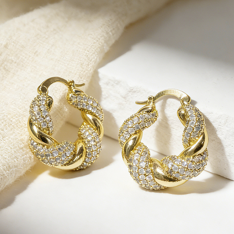 Huitan Twisted Gold Color Hoop Earrings for Women Shiny Cubic Zirconia Paved Chunky Twist Huggie Earrings Luxury Dainty Jewelry
