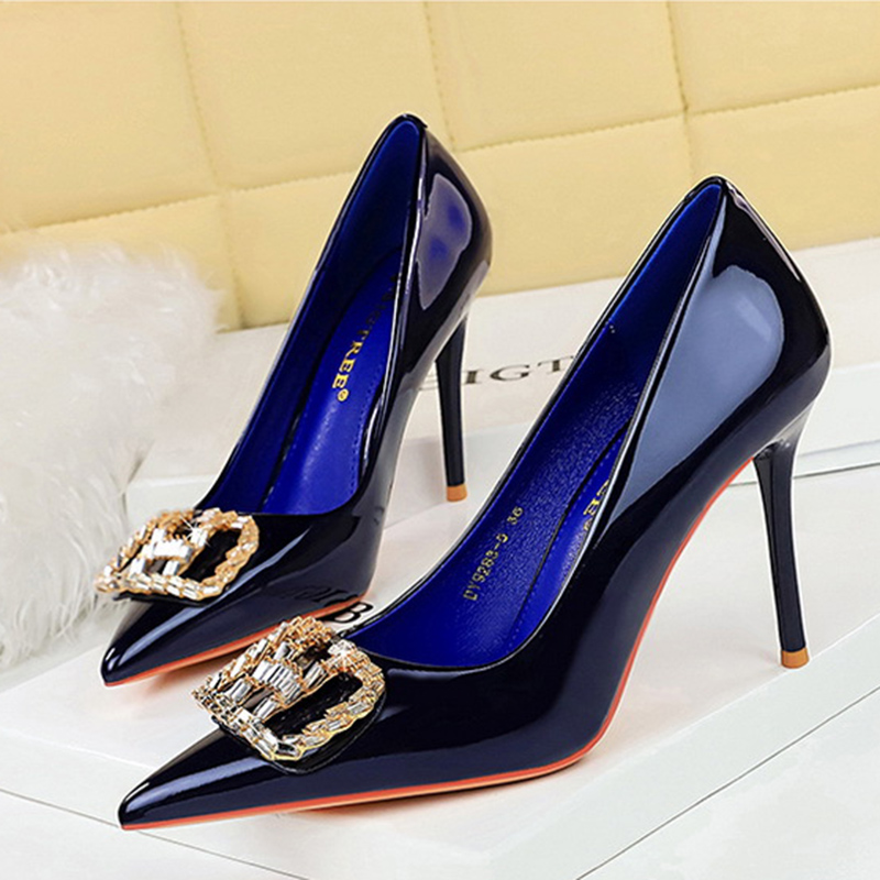 Women Luxury Crystal Buckle 7cm 9.5cm High Stiletto Pumps Lady Royal Blue Pointed Toe Shoes Female Elegant Party Dress Shoes