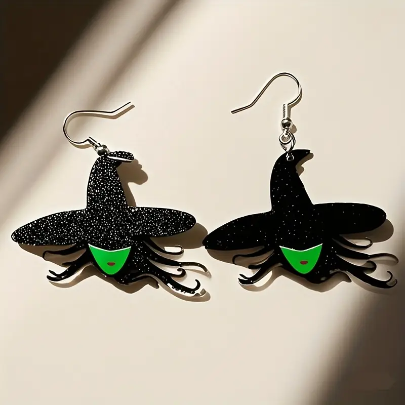 1 Pair of Witch Hat Earrings - Black with Sparkling Stars & Green Accents, Perfect for Halloween & Daily Wear