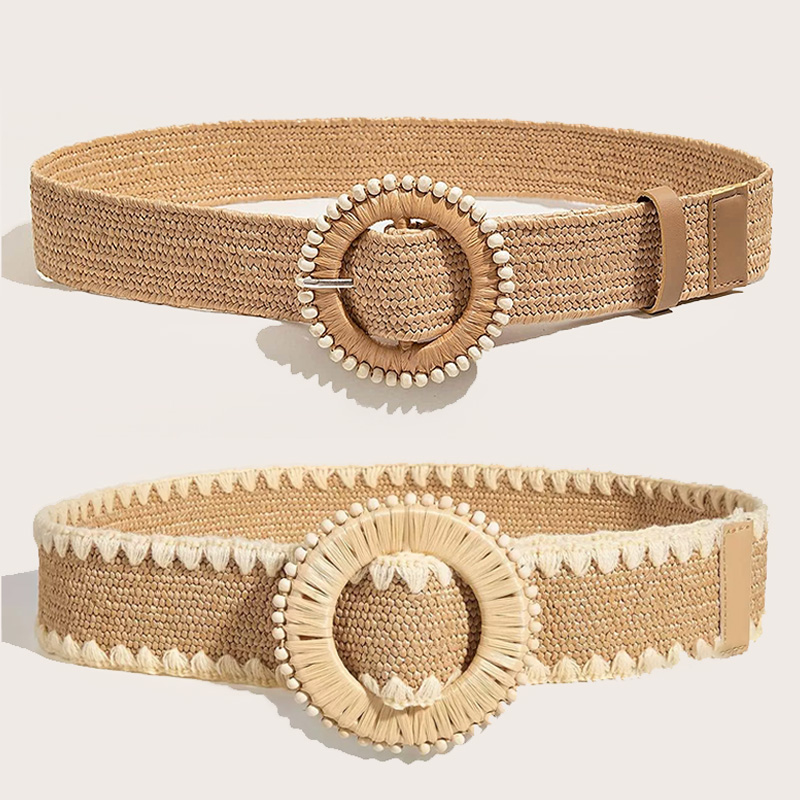 1pc Women Round Buckle Boho Straw Belt For Beach Ellipse Buckle Bead Decor Bohemian Woven Belt For Holiday