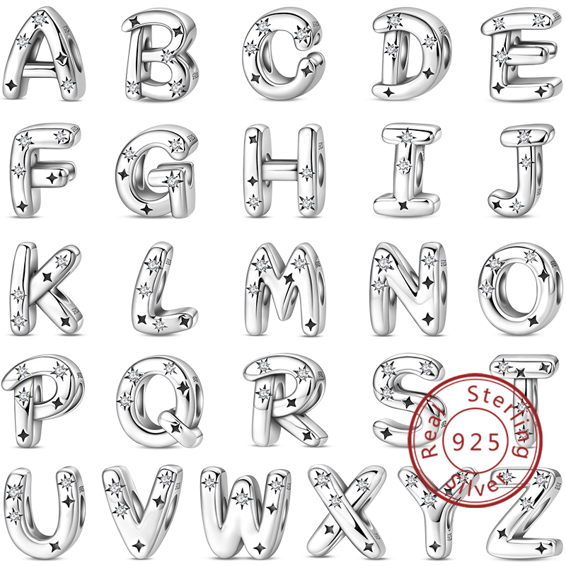 Original Design 925 Sterling Silver Star Zircon Silver 26 English Letters Charms Beads Fit Wedding Party DIY Fine Jewelry Gifts