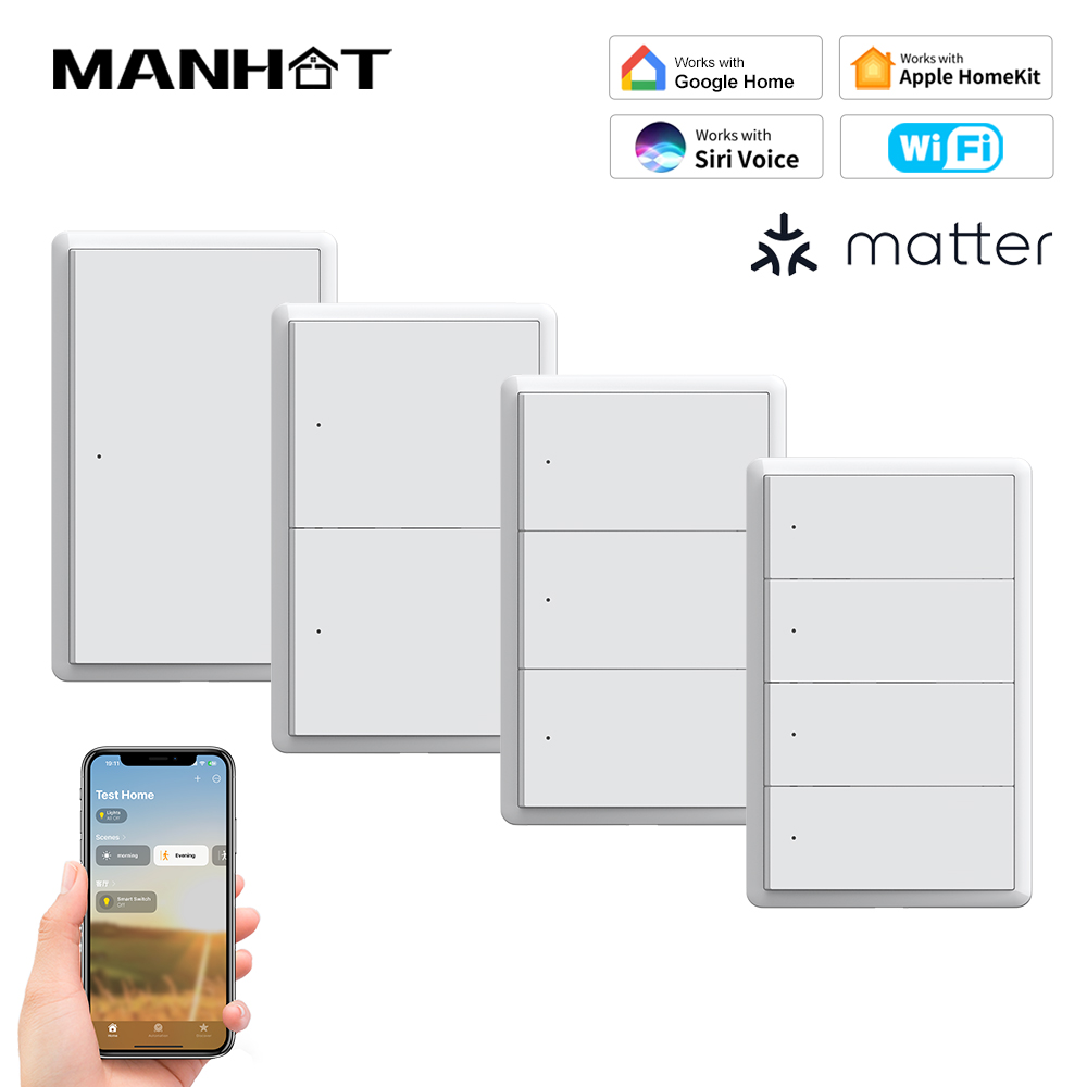 MANHOT Tuya Homekit WiFi Smart Switch No Neutral Wire US Switch Push Button Light Switch Work With Siri Alexa Assistant lightify