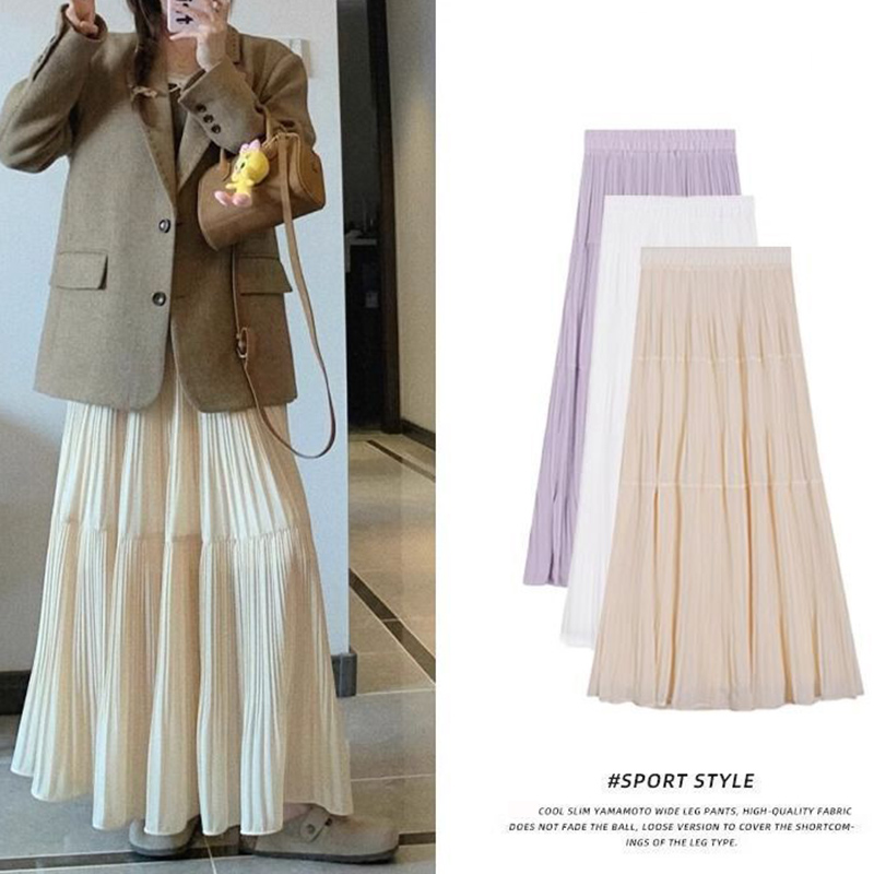 Summer Women Solid Ruched Designer Skirts Lady Korean Sweet High Waist Skirts Girls Elegant Fashion Mid-Long Dress