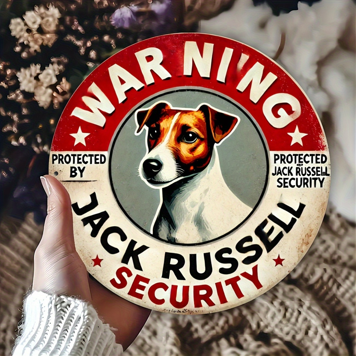 1pc, "War Ning" Jack Russell Security Vintage Metal Aluminum Sign, 2D Art Plaque for Garden, Garage, Home, Cafe, Bar, Club