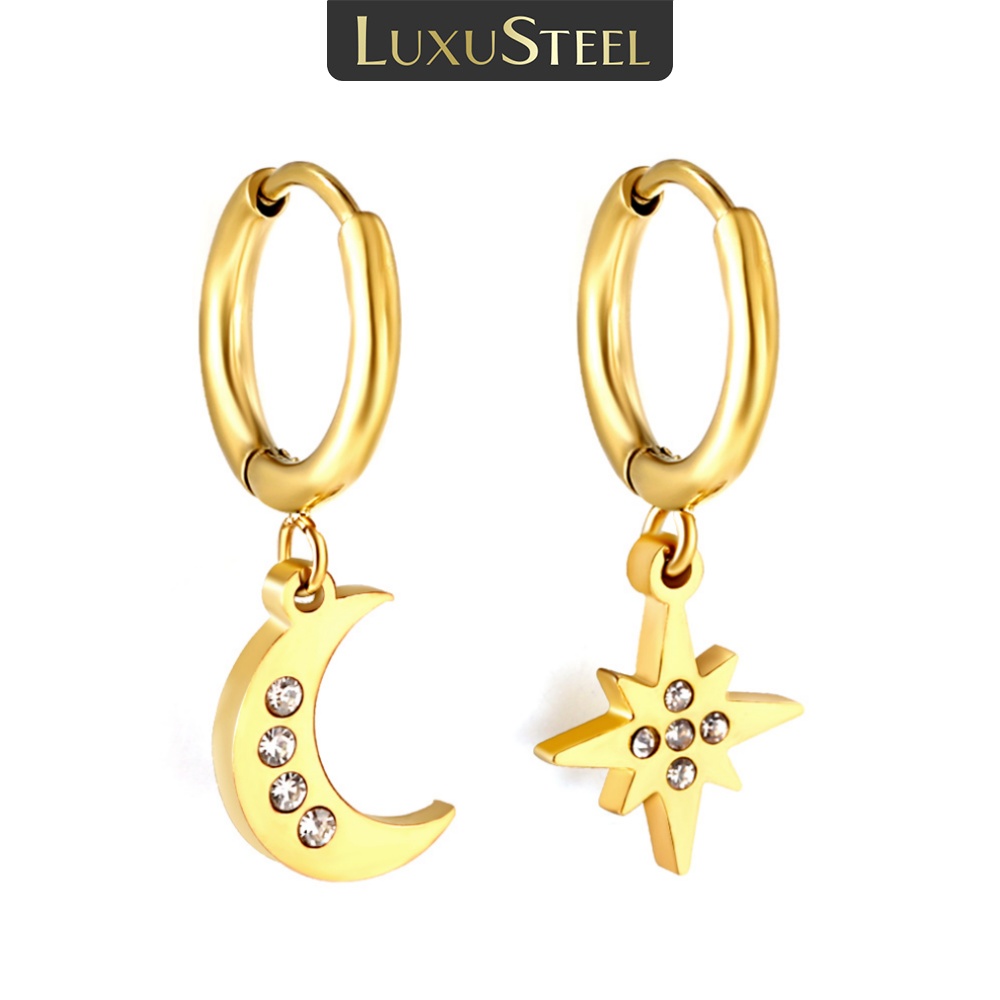 LUXUSTEEL Selling Women's Stainless Steel Waterproof 1.6x13.5mm Circle with Stars Moon and Diamond Earrings Luxury Accessories