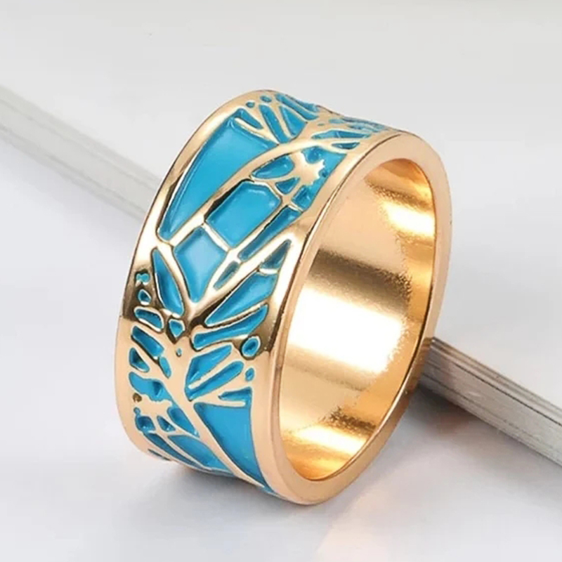 Huitan Boho Style Blue Enamel Finger-ring for Woman Creative Plant Tree Pattern Design Fancy Party Female Jewelry New