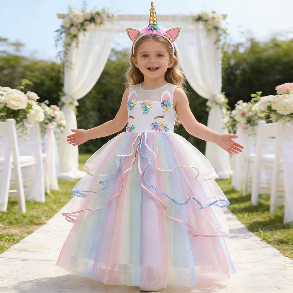 Flower Girl Unicorn Wedding Dress with Headband Children's Rainbow Princess Dress Elegant Sleeveless Long Birthday Dress Gown