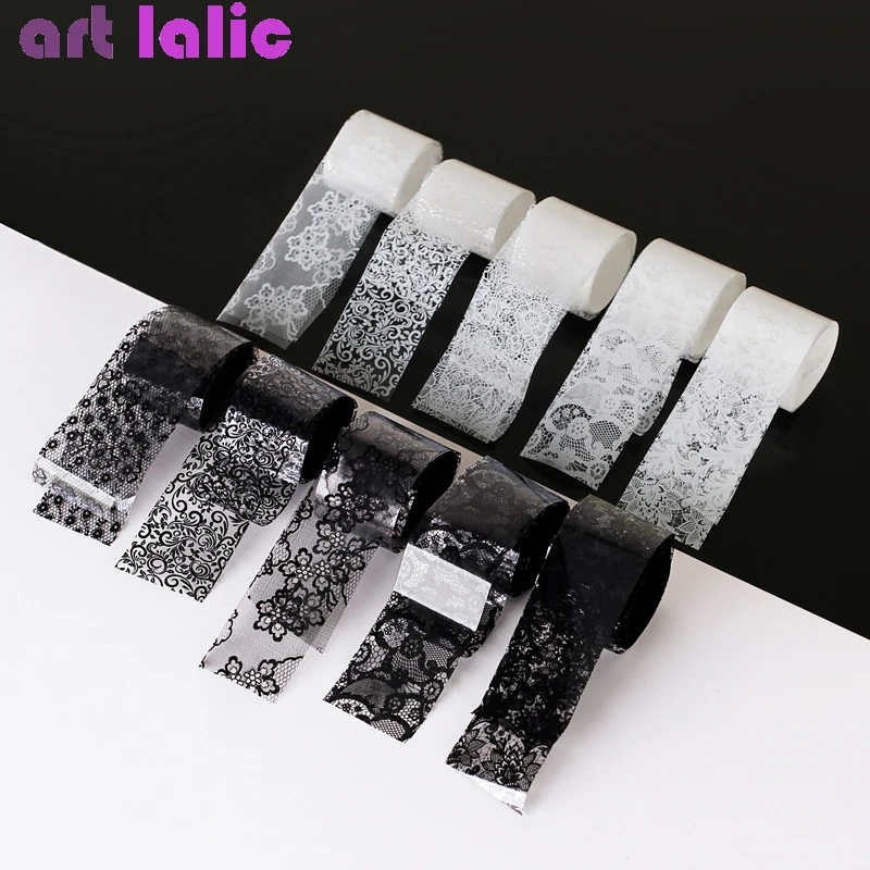 10 Rolls 2.5*60cm New Black White Lace Transfer Foil Nail Art Full Wraps Flower Glue Adhesive DIY Manicure Styling Tools