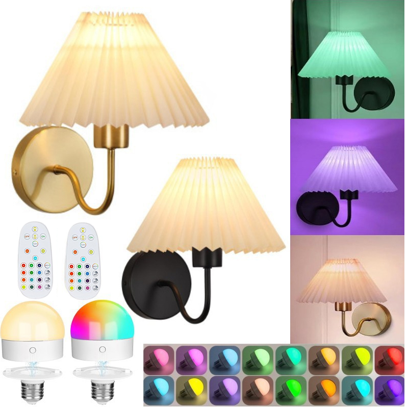 2 Pcs Wireless Rechargeable Wall Lamp, USB Charging Vintage Fabric RGB Wall Sconce, 16 Colors Dimmable, Gold/Black, Bedroom Livi