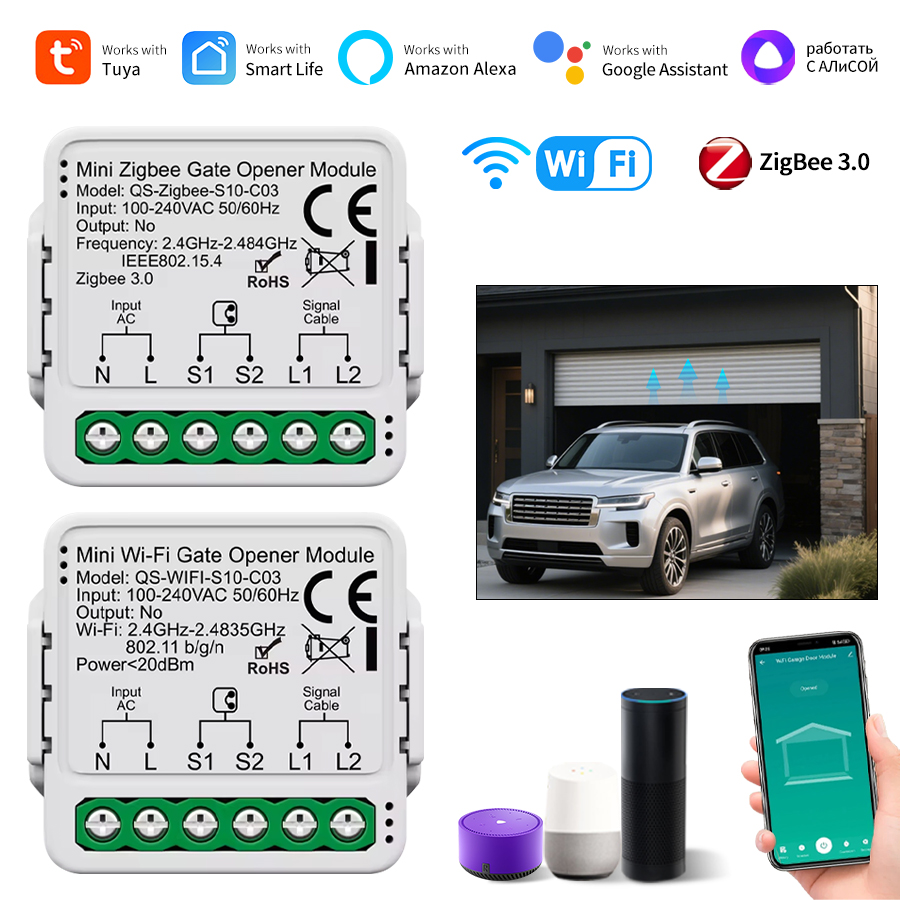 Tuya Smart WiFi/Zigbee Garage Door Opener Switch Module 100V-240V Smart Life APP Remote Work With Alexa Home Voice Contro