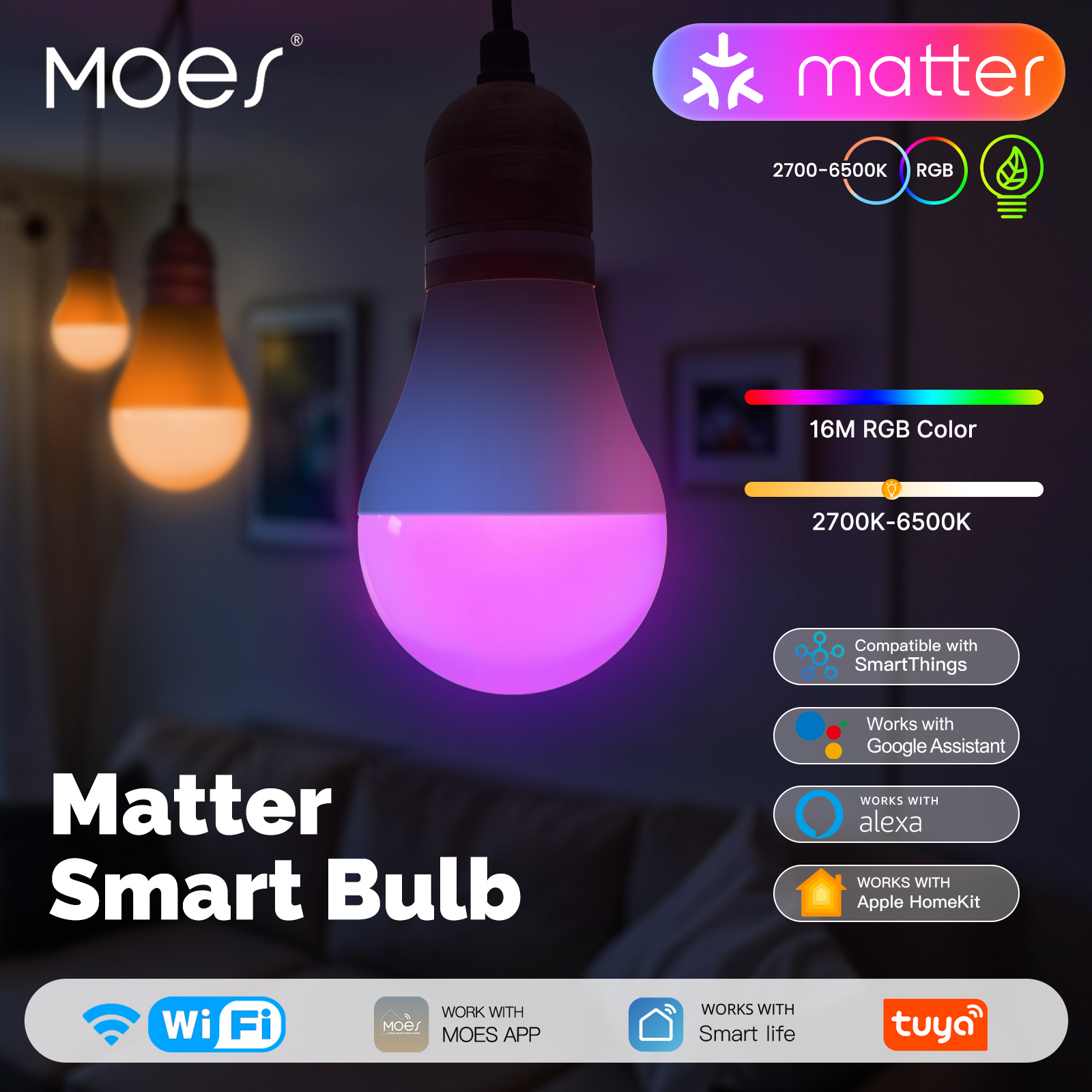 MOES Tuya Matter WiFi Smart E27 LED Bulb Dimmable 16 Million RGB Colors Candle Lamp Voice Control Works with Alexa Home