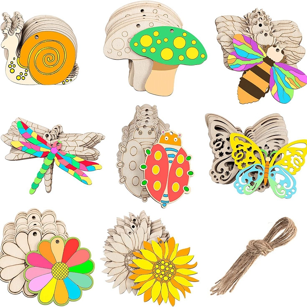 10pcs/set Easter Spring Wooden Ornament Insect Flower Hanging Pendants 2024 Spring Home Decorations DIY s Wrapping Supplies