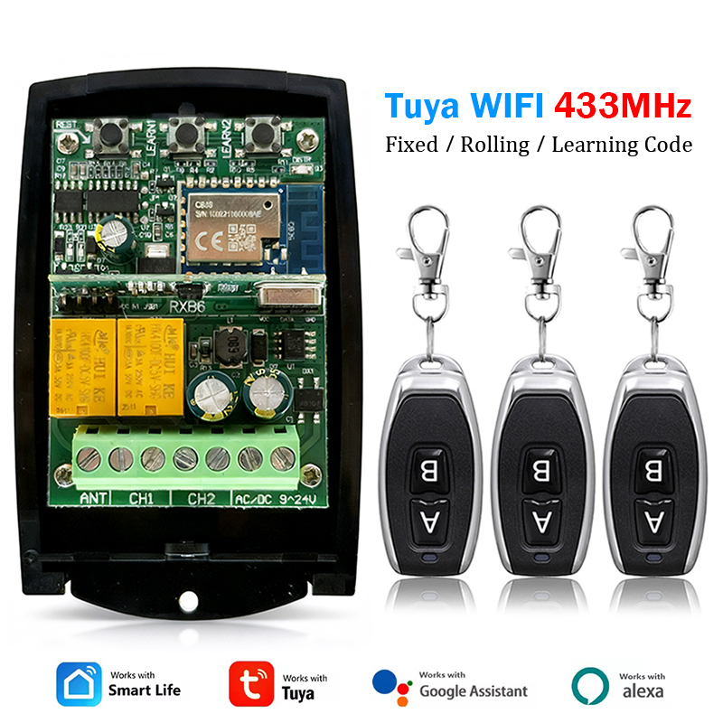 Tuya WIFI Smart Receiver 433MHz Universal Garage Door Opener Remote Control Receiver Relay 433.92MHz for Gate Alexa Home
