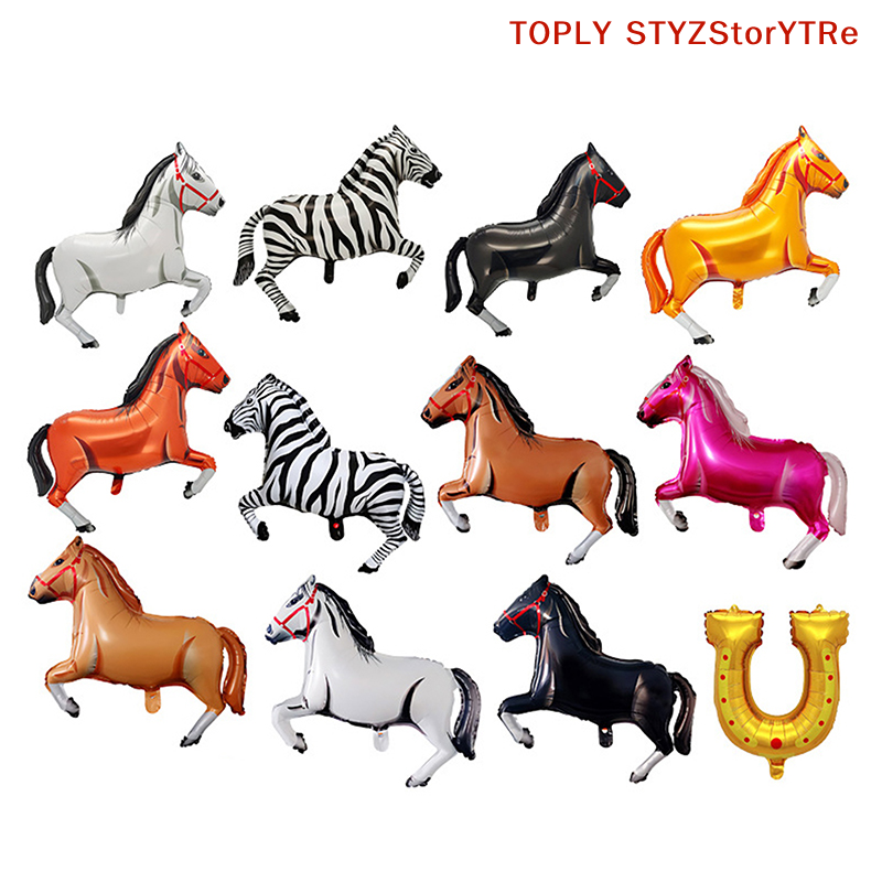 "Giant Aluminum Foil Horse Balloon, Perfect for Kids Birthday Parties and Baby Showers in Black, White, and Brown Colors;"