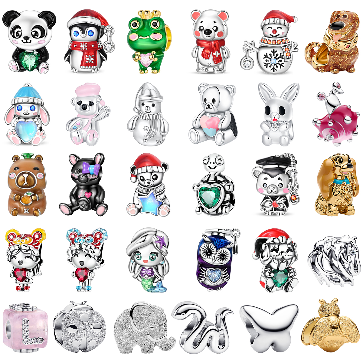 925 Sterling Silver Charm Bracelet Plated Beads Cute Kawaii Animal Panda Penguin Frog Bear Bunny Bee Owl Inlaid Gem Jewelry