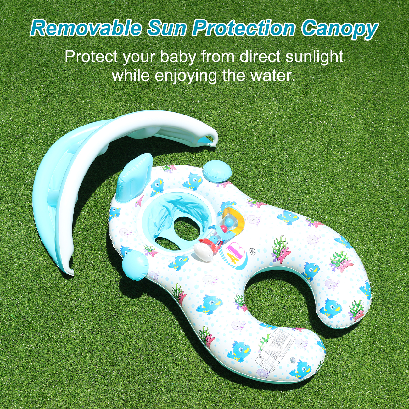 1PC Pool Floats with a dual-ring design for shared swimming, featuring a removable sun canopy