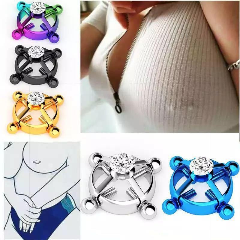 EVISPOL Fashion Crystal Stainless Steel Fake Nipple Rings for Women Screw Back Non Piercing Clip Nipple Piercing Jewelry