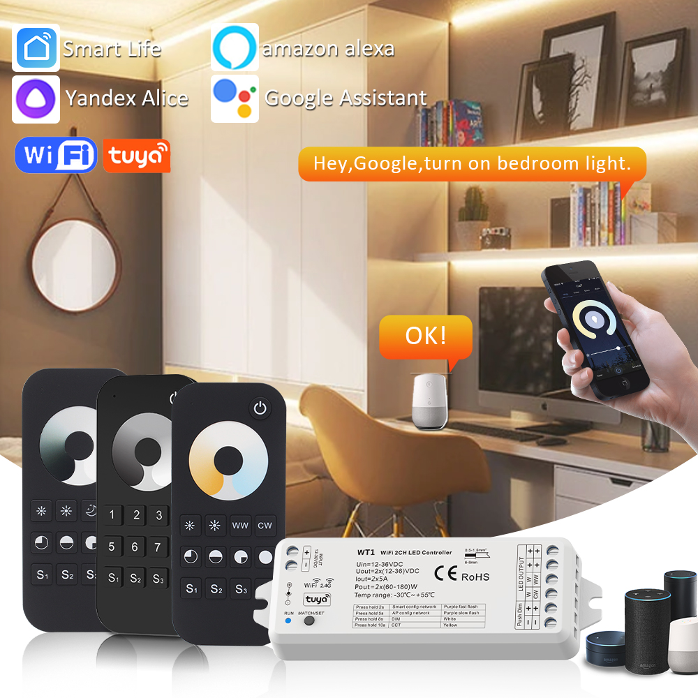Tuya Wifi LED Controller Dimmer 12V 24V RF Smart Life APP Control WT1 RT1 RT6 RT8 RT2 RT7 for Single Color CCT LED Strip Light lightify