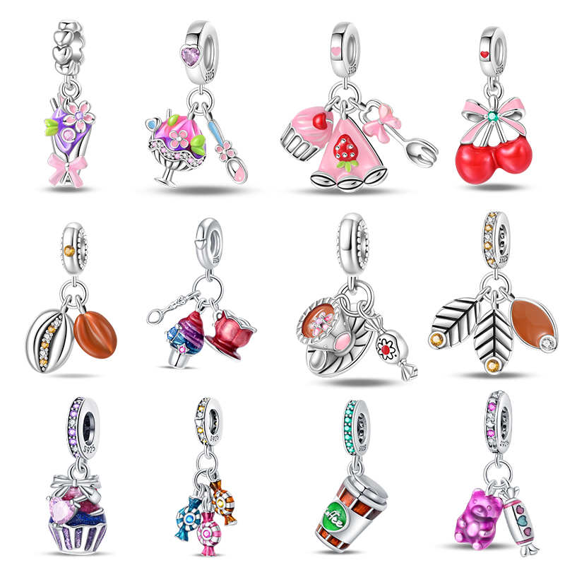 New in Original 925 Sterling Silver Heart-Shaped Doughnut Coffee Strawberry Cake Charms Beads Fit Pandach Bracelets DIY Jewelry