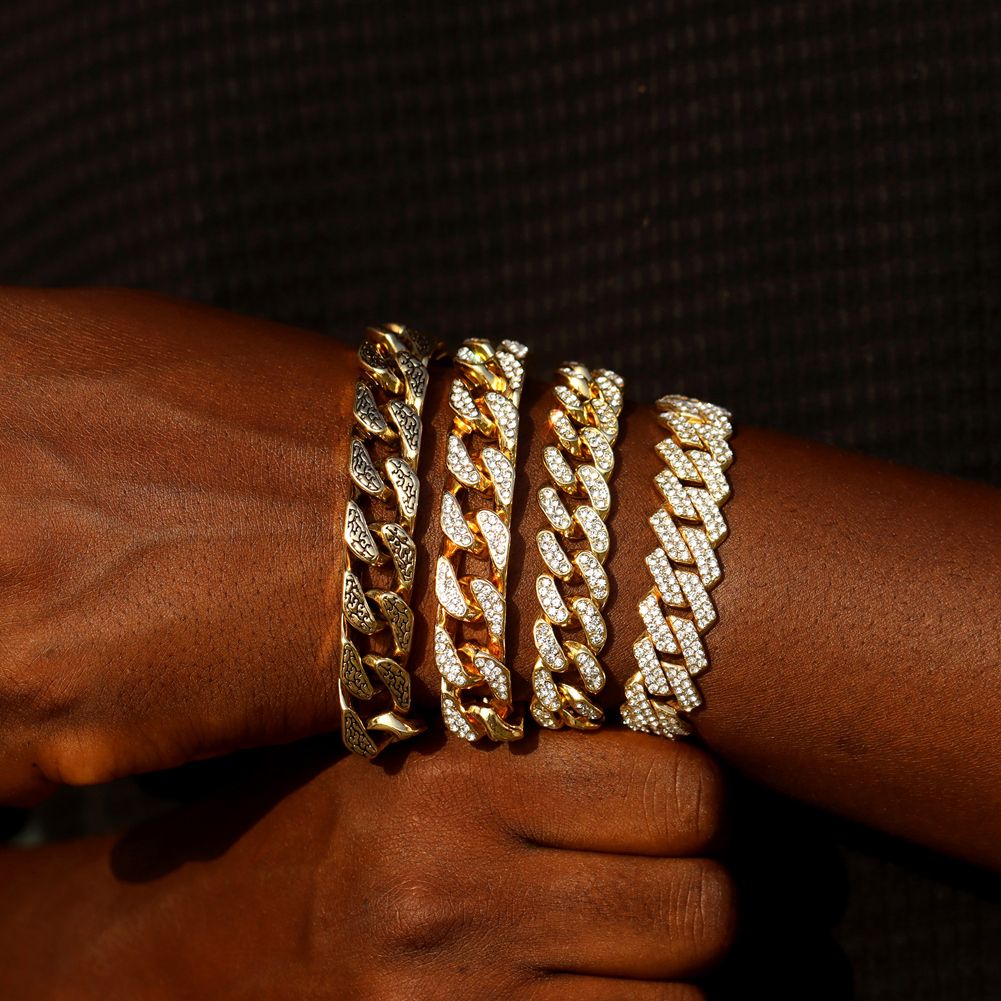 4PCS Hip Hop Cuban Link Bracelet Set for Men Women, Gold Silver Color Iced Out Rhinestone Miami Chain, Unisex Jewelry