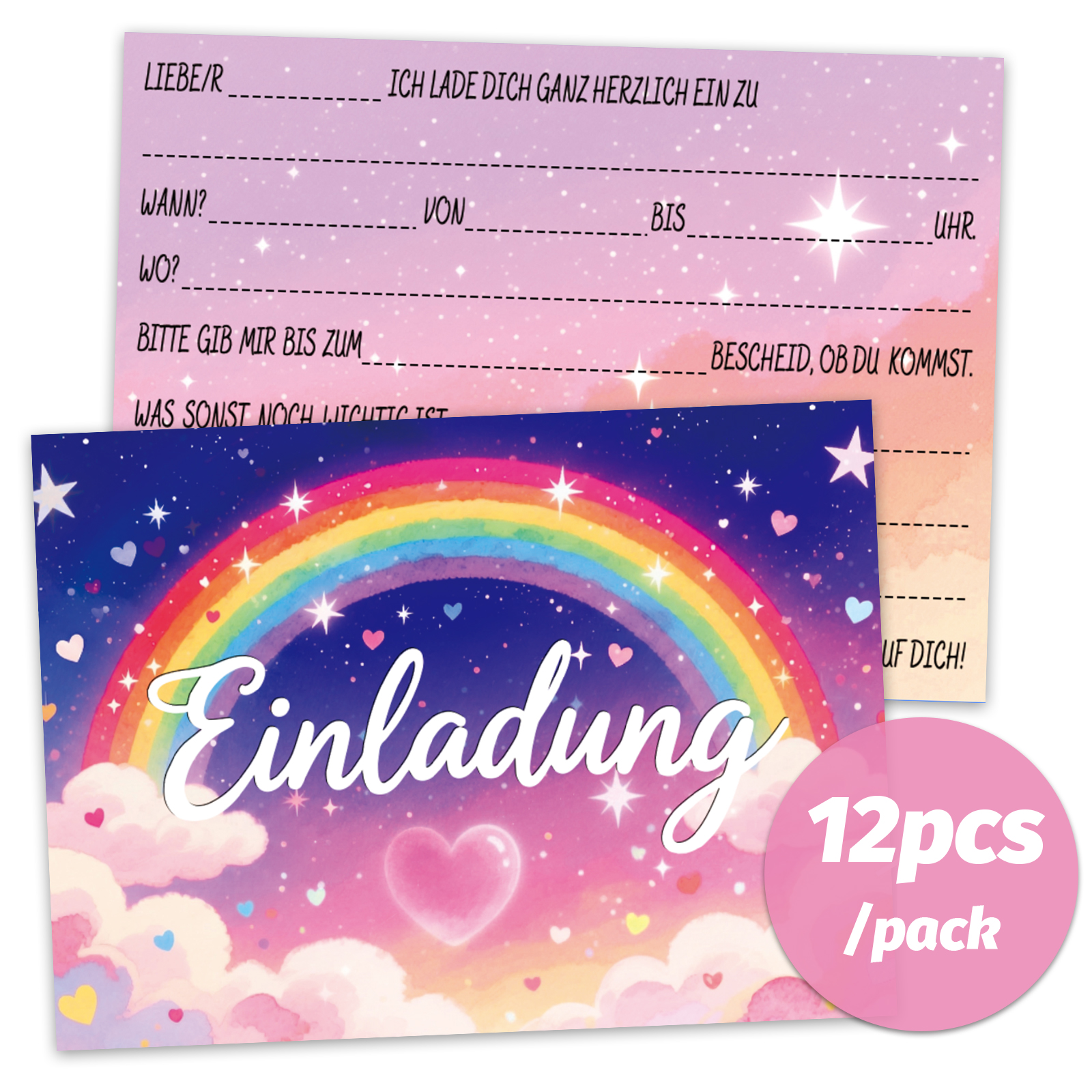 12 romantic starry sky themed birthday party invitation cards, designed with beautiful rainbow, cloud, and heart elements. The r