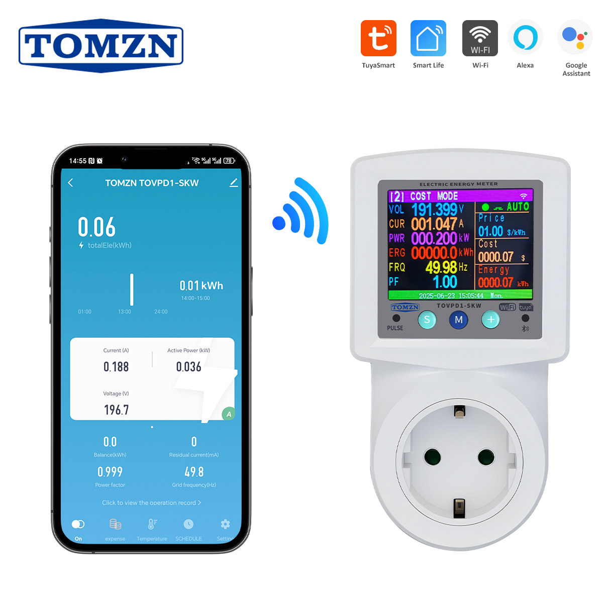 TOMZN WIFI Smart Multifunction 6IN1 SKW Socket For EU Tuya Prepayment Cycle Timer Voltage And Current Protector V-I-Hz-PF-kW-kWh